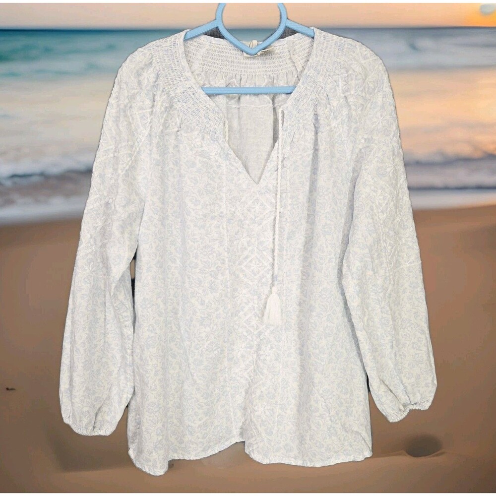Joie Boho Peasant Popover Women's S Linen Blend Embroidery Blue/White Floral
